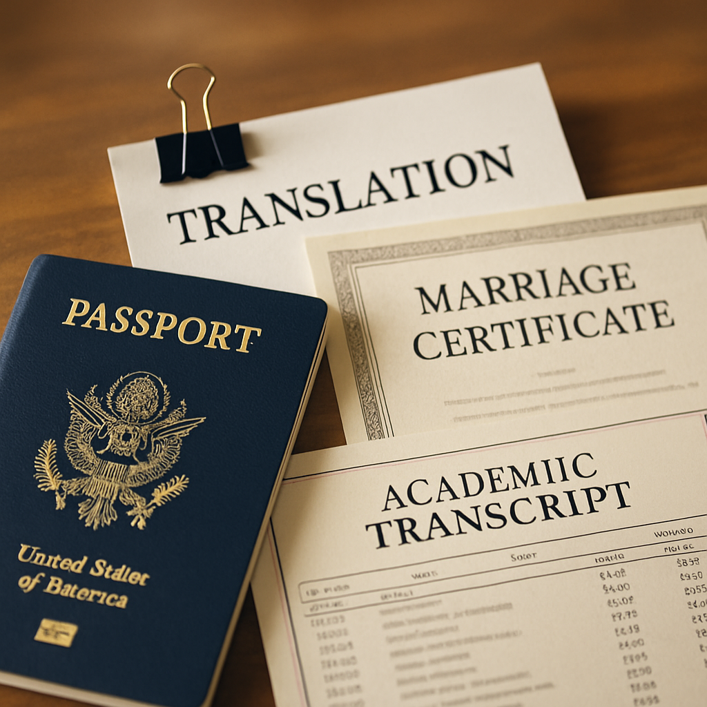 A conceptual image representing certified translation services, featuring a collage of various docum