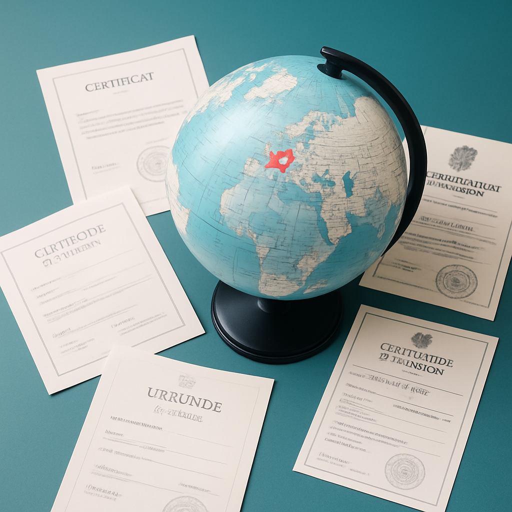 A conceptual image representing certified translation services, featuring a globe with Denmark highl