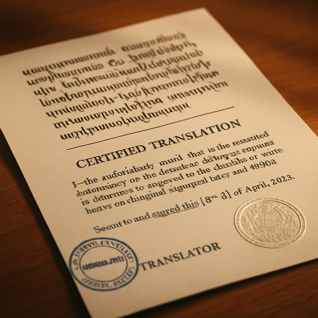 A close up of a certified Armenian translation document, showcasing the original Armenian text along