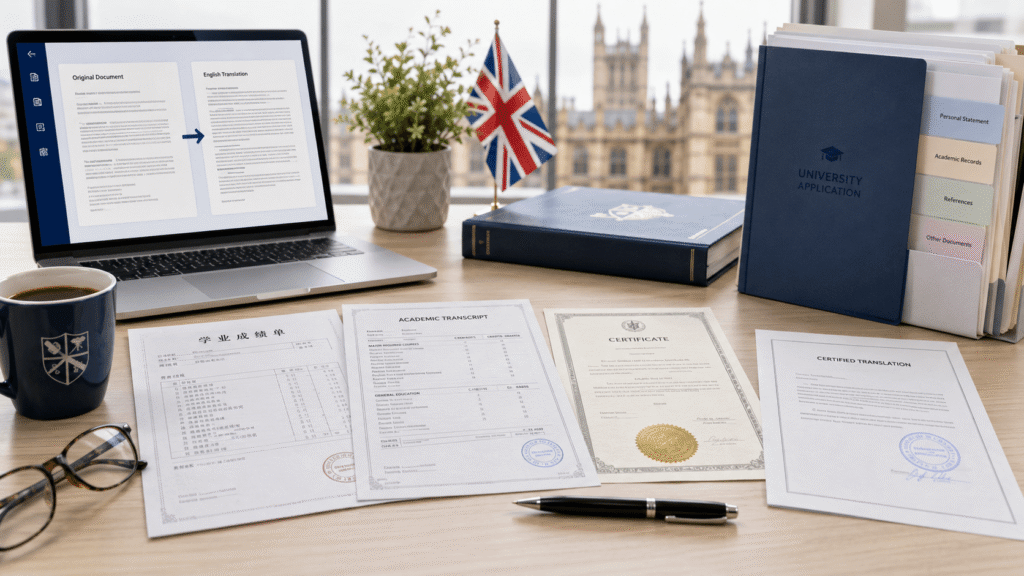 Academic transcript translation workspace with certified documents for UK university applications