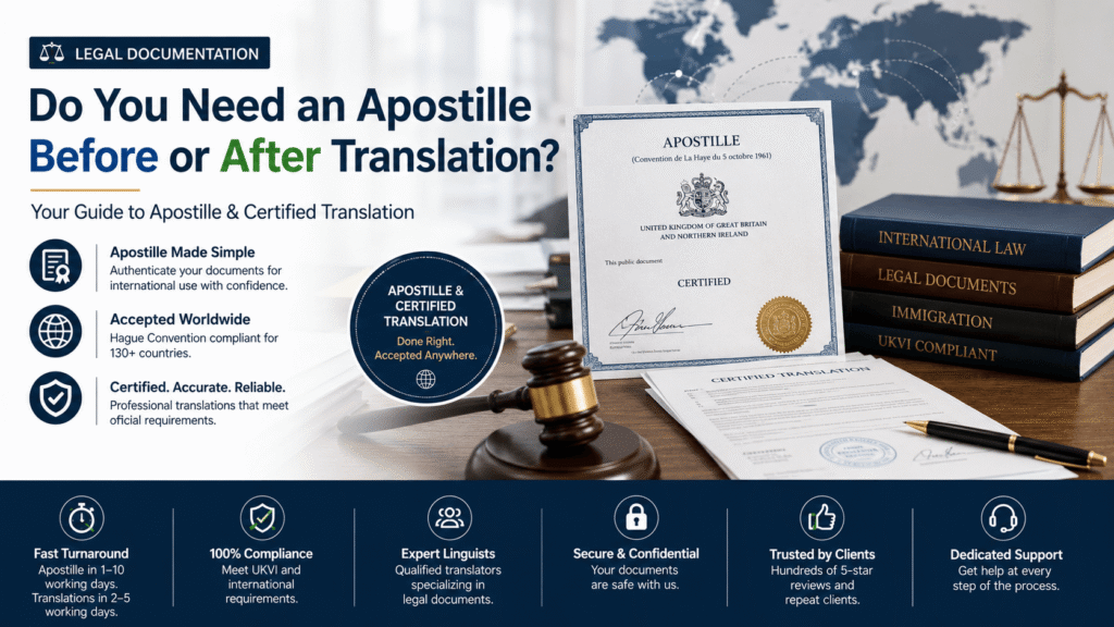 Apostille certificate, certified translation and legal documents prepared for international official use