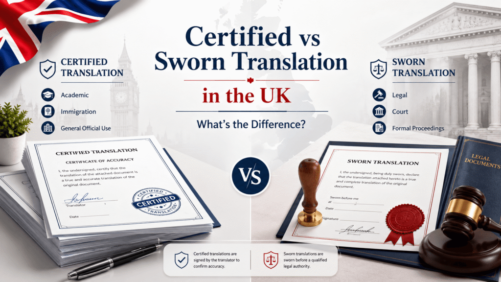 Certified and sworn translation documents compared with UK legal, academic and immigration symbols