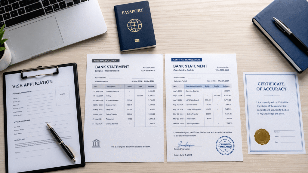 Certified bank statement translation beside a passport, visa application form and certificate of accuracy
