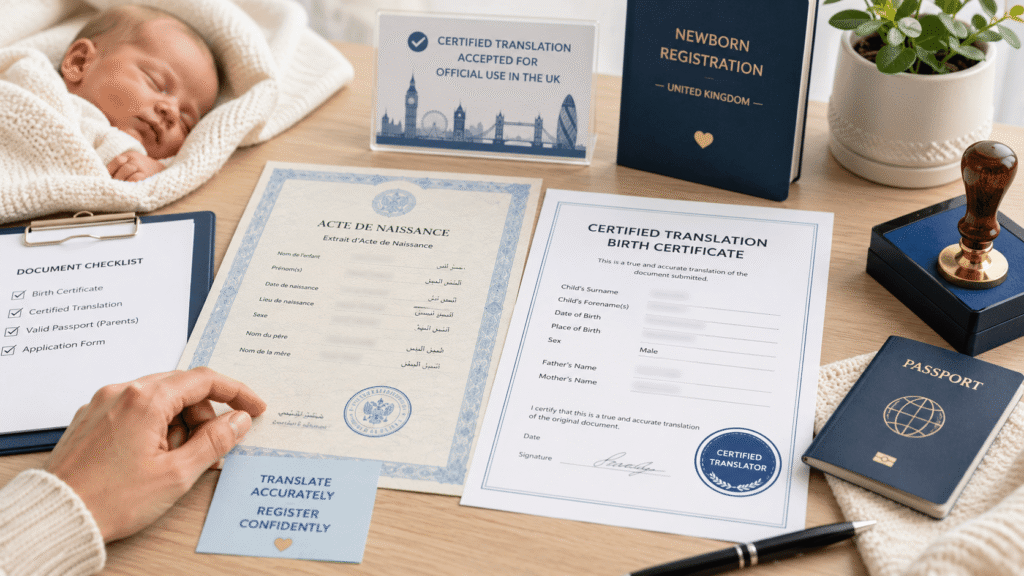 Certified birth certificate translation with newborn registration documents, passport and official stamp