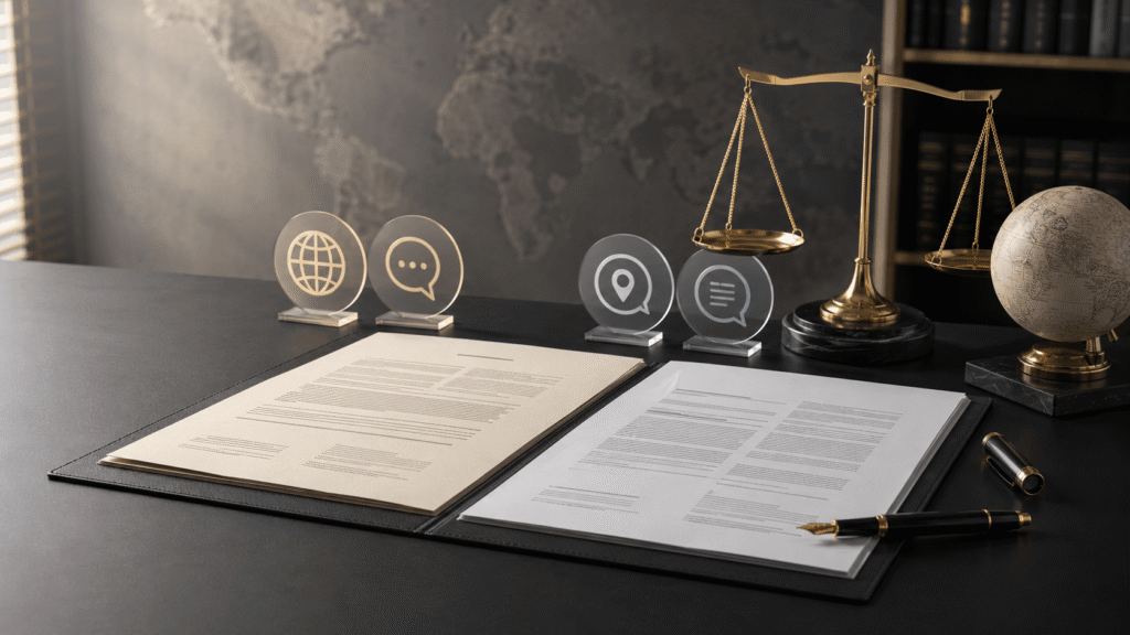 Certified contract translation workspace with bilingual documents, legal scales and global localisation symbols