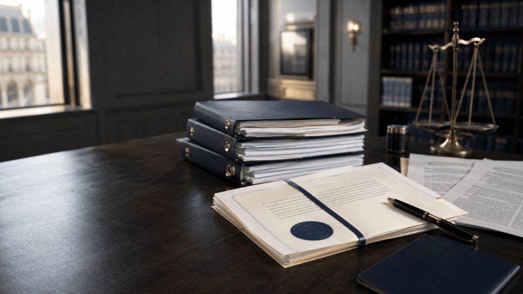 Certified court translation documents, legal bundles and justice scales in a professional office