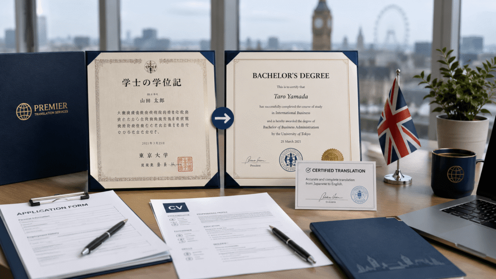 Certified diploma translation for UK job applications with CV, seals and professional documents