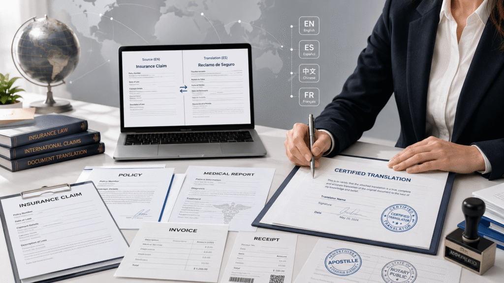 Certified insurance claims translation workspace with policy, medical, invoice and apostille documents