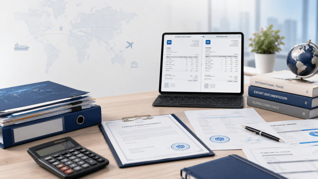 Certified invoice translation workspace with commercial documents, global trade map and official stamp
