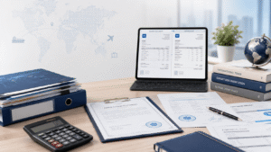 Certified invoice translation workspace with commercial documents, global trade map and official stamp