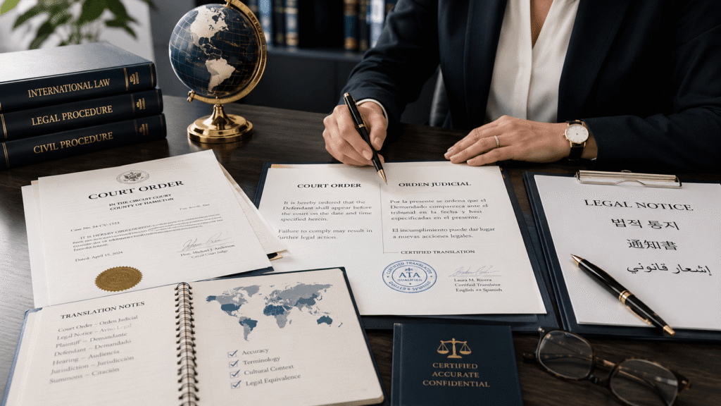 Certified legal translation workspace with court orders, legal notices and multilingual documents