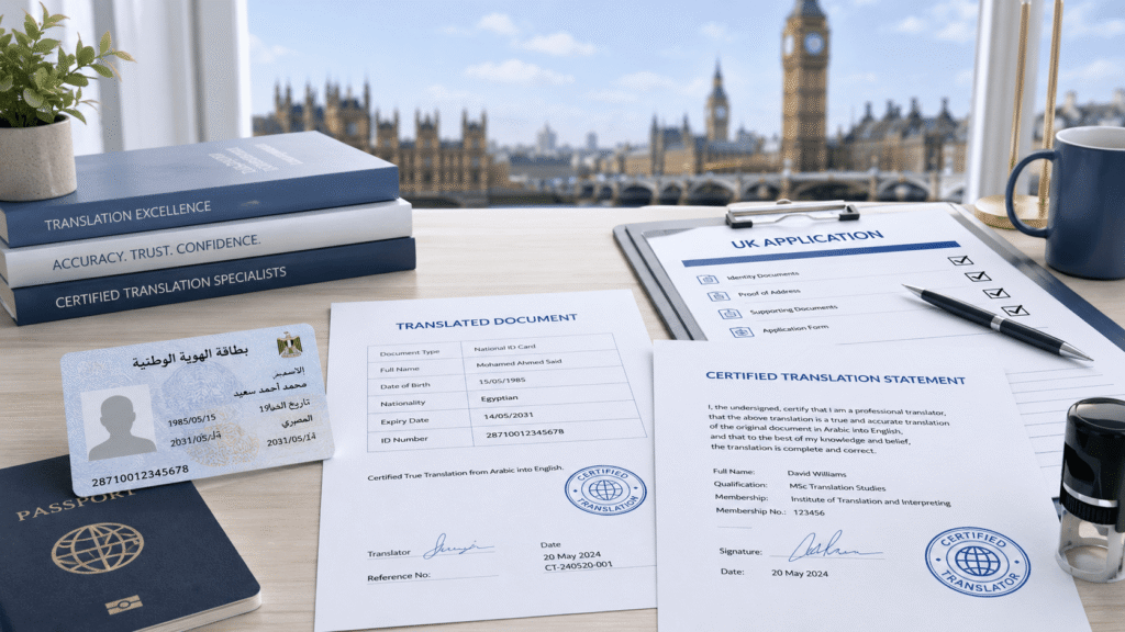 Certified national ID card translation with UK application forms and official documents
