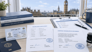 Certified national ID card translation with UK application forms and official documents