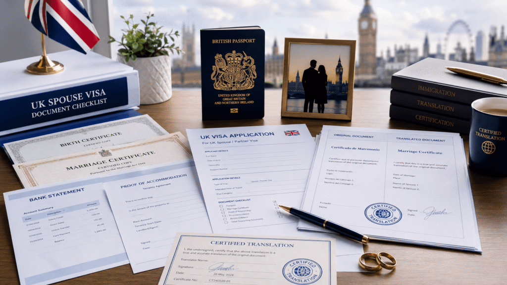 Certified spouse visa translation documents with marriage certificate, passport and UK application forms