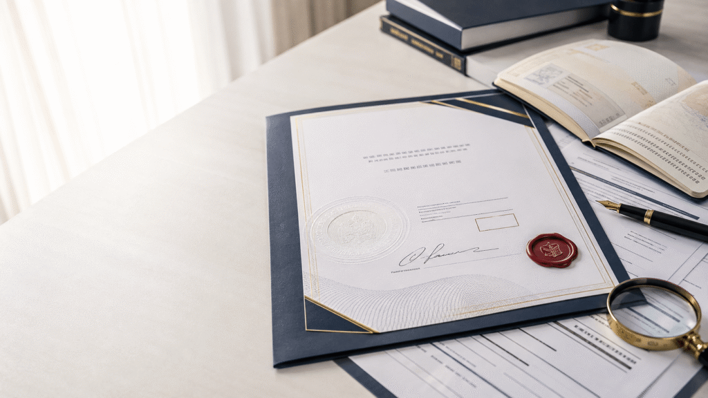 Certified translation certificate with seal, signature, passport and supporting official documents