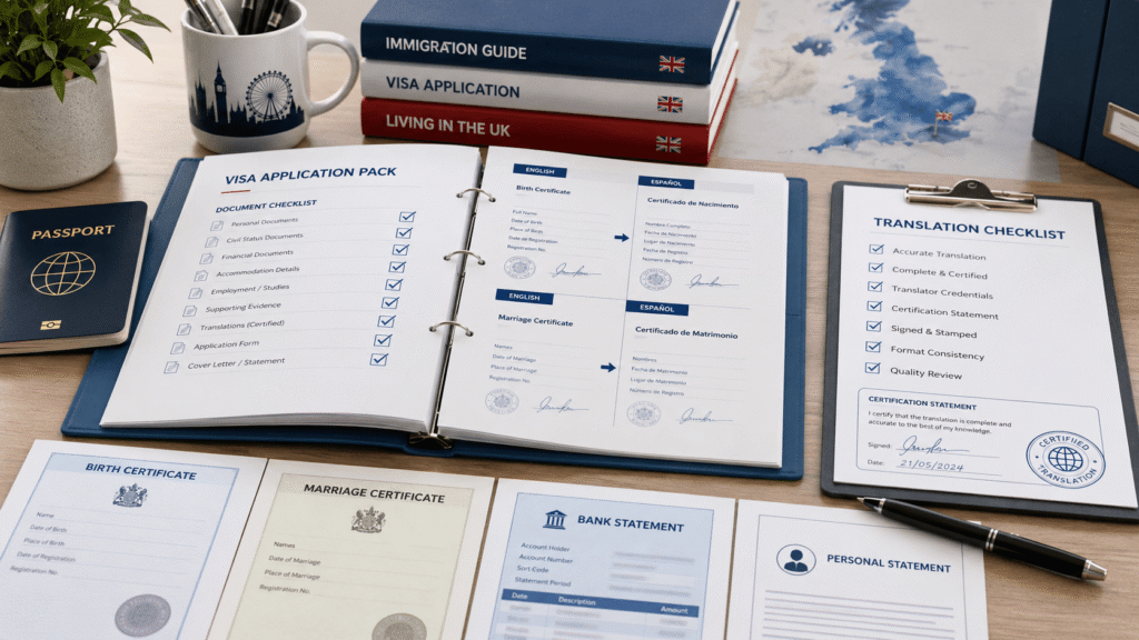 Certified translation checklist with immigration application documents, passport, visa forms and UKVI ready paperwork