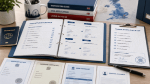 Certified translation checklist with immigration application documents, passport, visa forms and UKVI ready paperwork