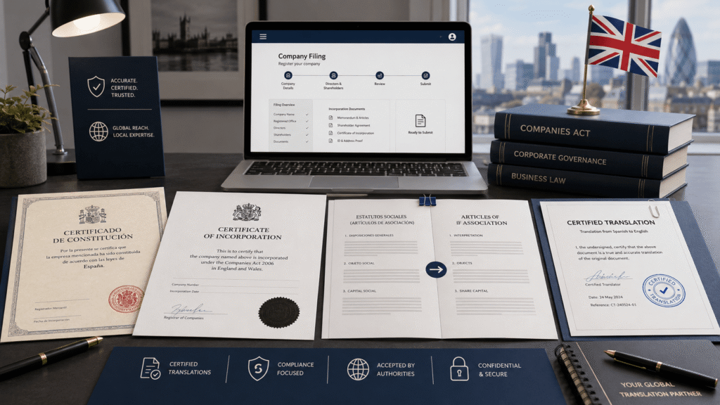 Certified translation of Companies House business registration documents with UK corporate filing workspace