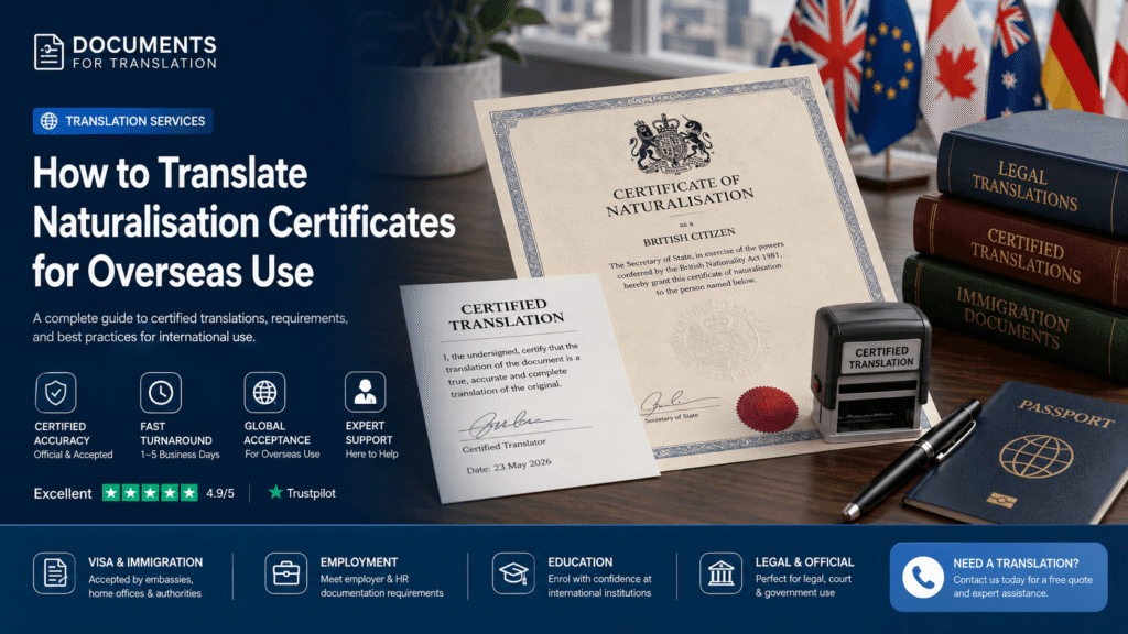Certified translation of a UK naturalisation certificate for overseas legal and immigration use