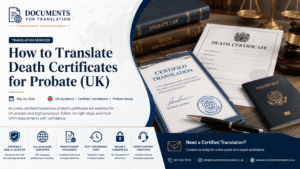 Certified translation of death certificates for UK probate with legal documents and passport