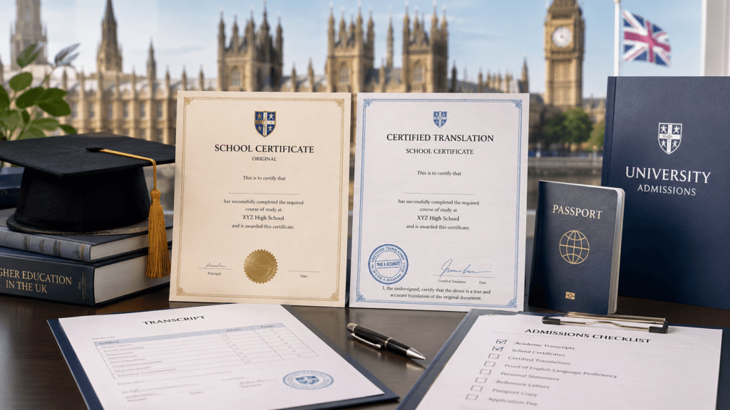 Certified translation of school certificates and transcripts for UK university admissions