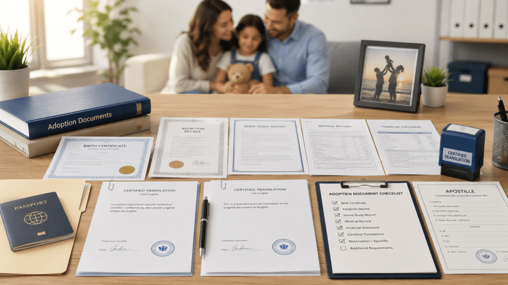 Certified translation workspace with adoption documents, family photo, passport and agency checklist