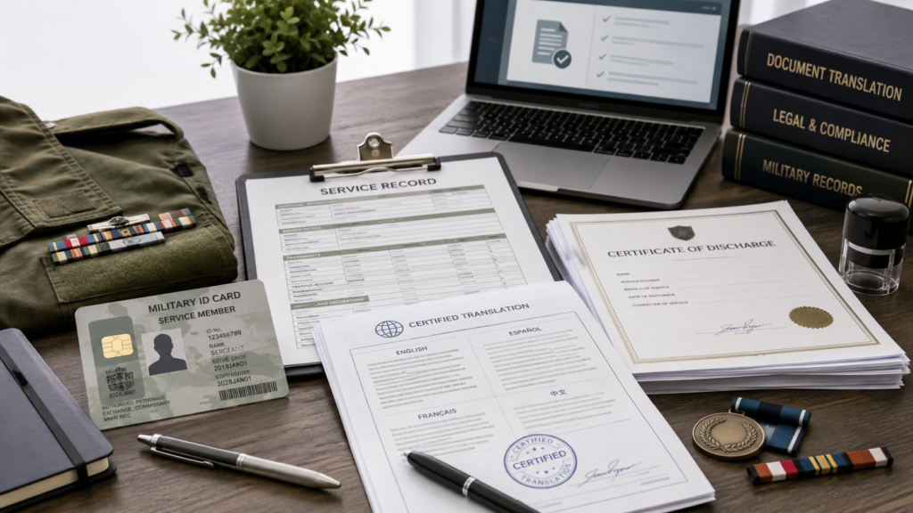 Certified translation workspace with military ID cards, service records and discharge documents