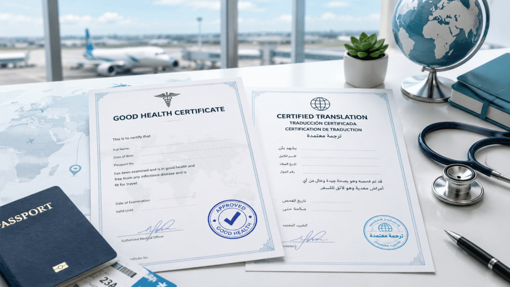 Good health certificate and certified translation with passport for international travel documentation