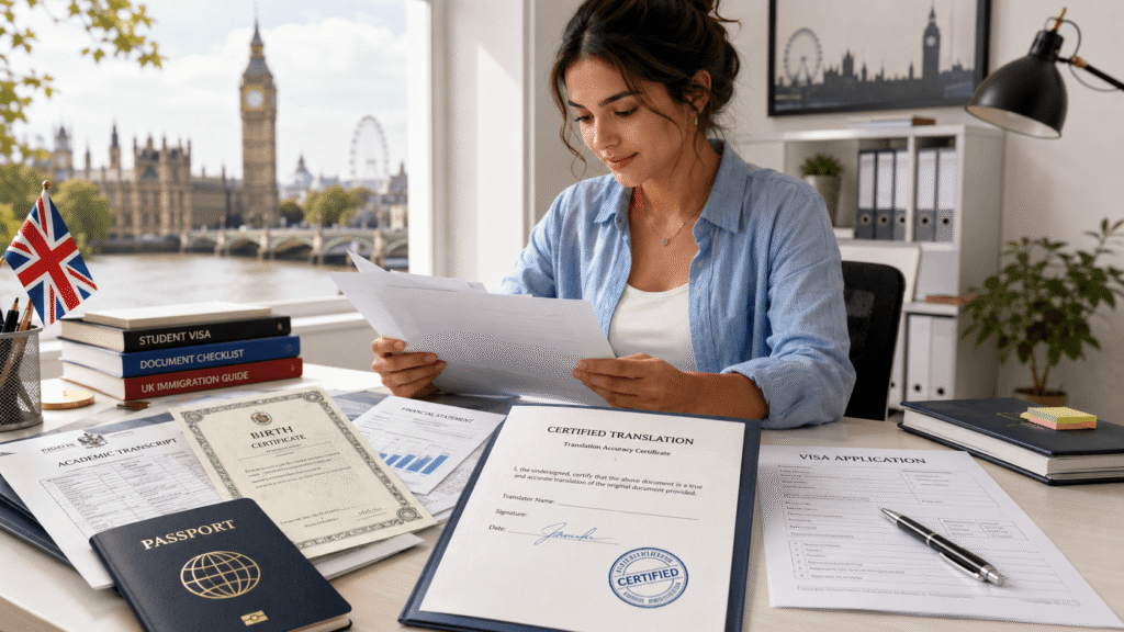 International student reviewing certified translations and visa documents with London landmarks in view