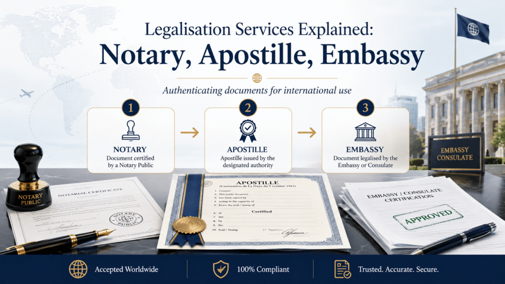 Legalisation process showing notary, apostille and embassy certification for international documents