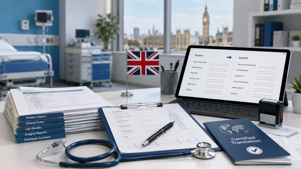 Medical records translated for UK healthcare beside certified documents and clinical equipment