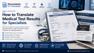 Medical test results translation with certified documents, stethoscope, passport and specialist healthcare reports