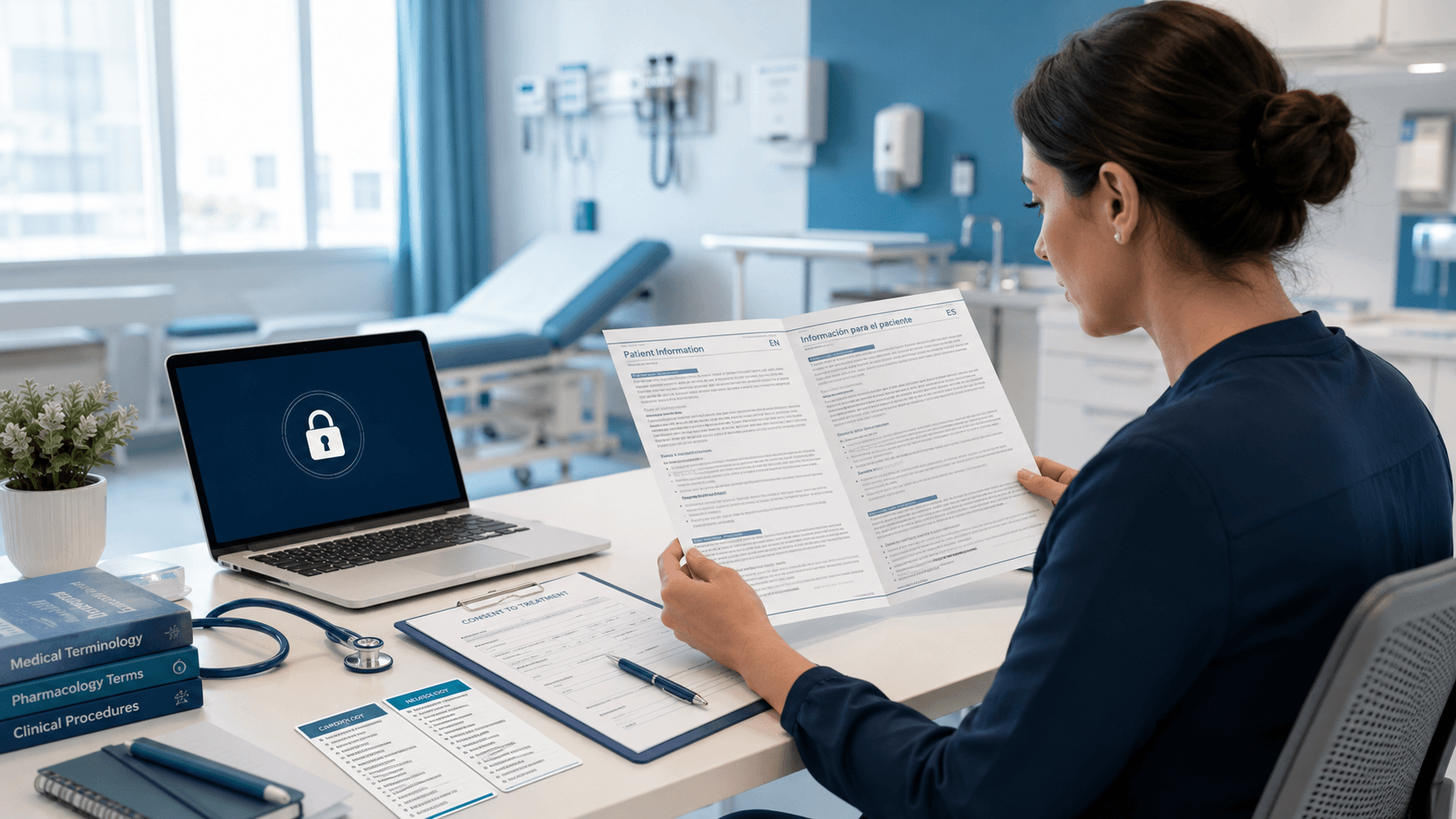 Medical translator reviewing bilingual patient documents in a secure clinical workspace