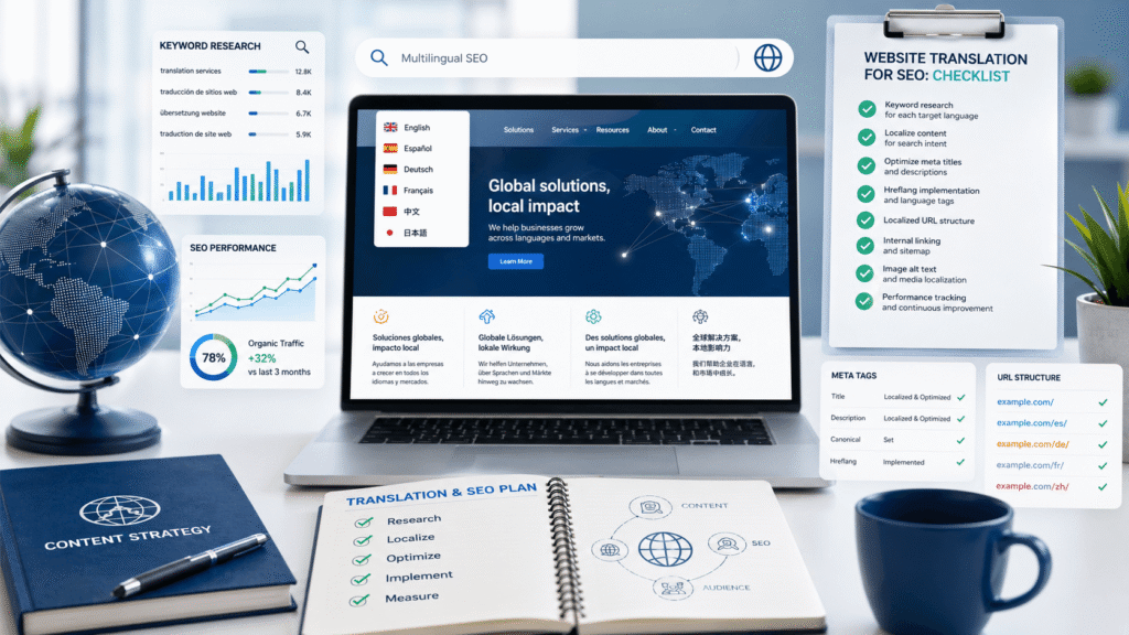 Multilingual website translation SEO checklist with keyword research, analytics, localisation and optimisation tools