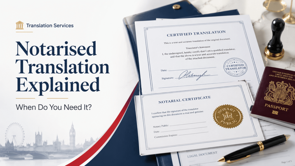 Notarised translation documents with notary seal, UK passport and legal certification
