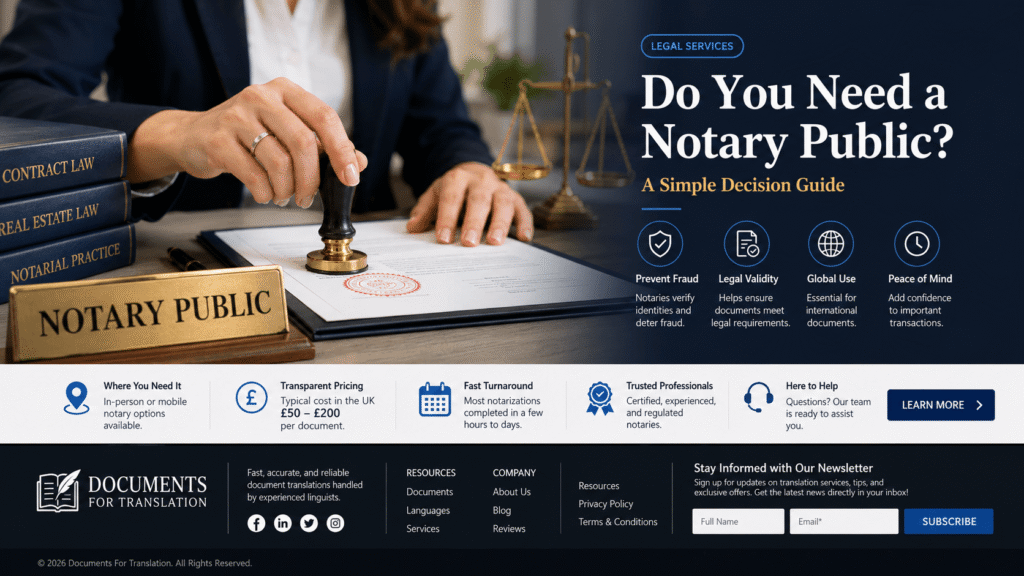 Notary public stamping legal documents with decision guide icons for international document use