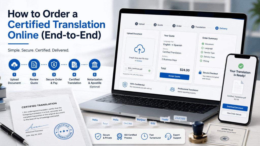 Online certified translation workflow showing document upload, secure payment, certification, and delivery