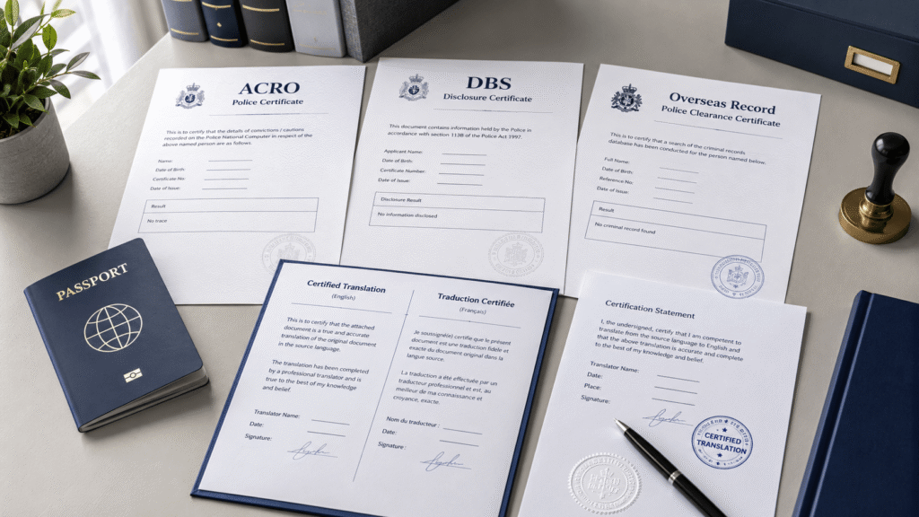 Police certificates, passport and certified translations arranged on a professional legal workspace