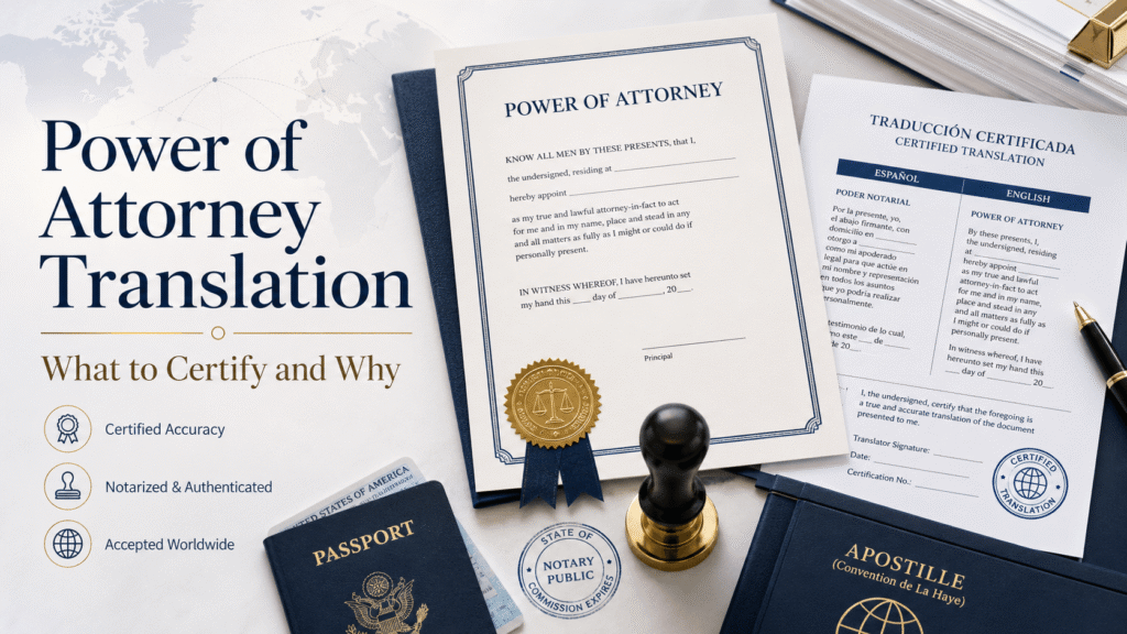 Power of Attorney document with certified translation, notary seal, passport and apostille