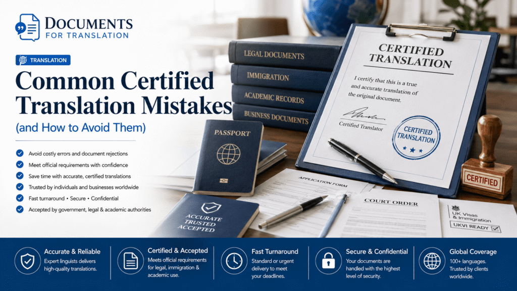Professional certified translation workspace highlighting common mistakes, official documents, passport, stamps, and UKVI requirements