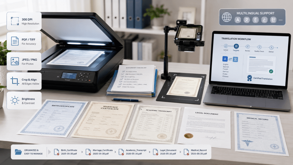 Professional workspace showing document scanning, smartphone photography, and certified translation preparation