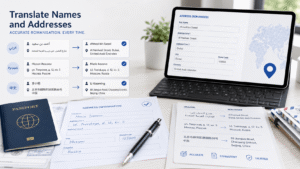 Professional workspace showing romanised names and addresses across multilingual certified translation documents