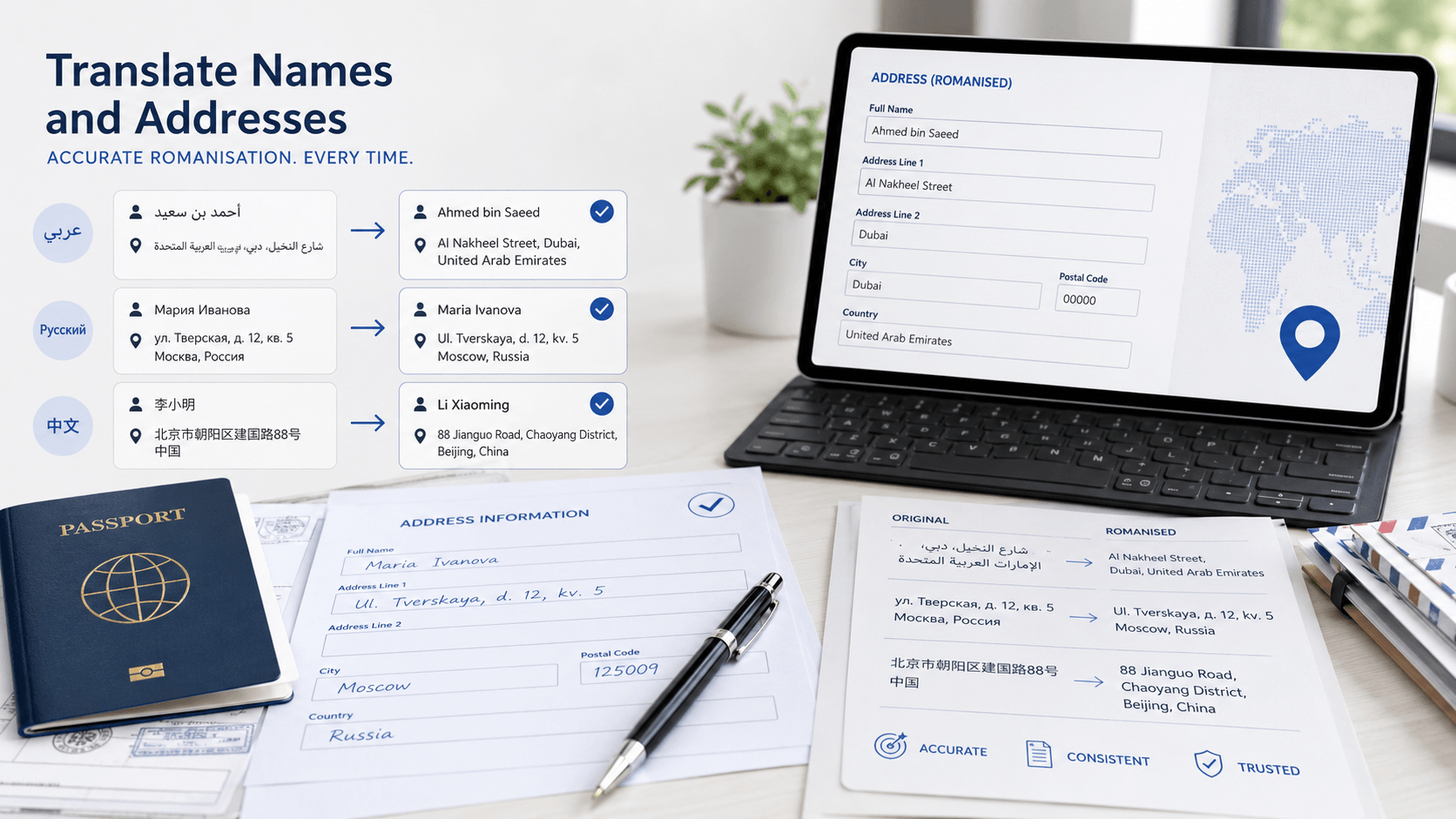 Professional workspace with certified translated documents and romanised names