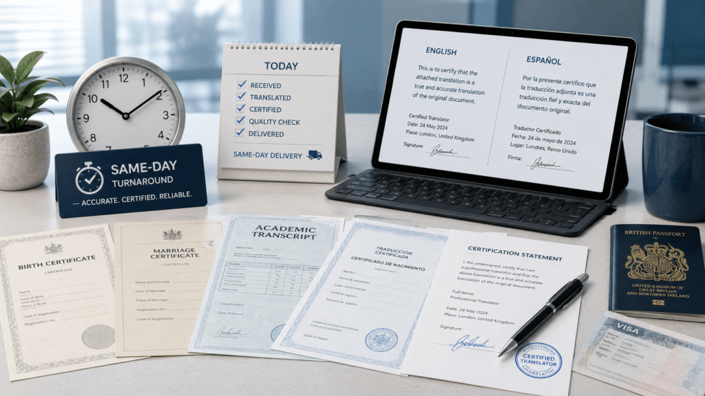 Same day certified translation workspace with official documents, clock, checklist and bilingual certification