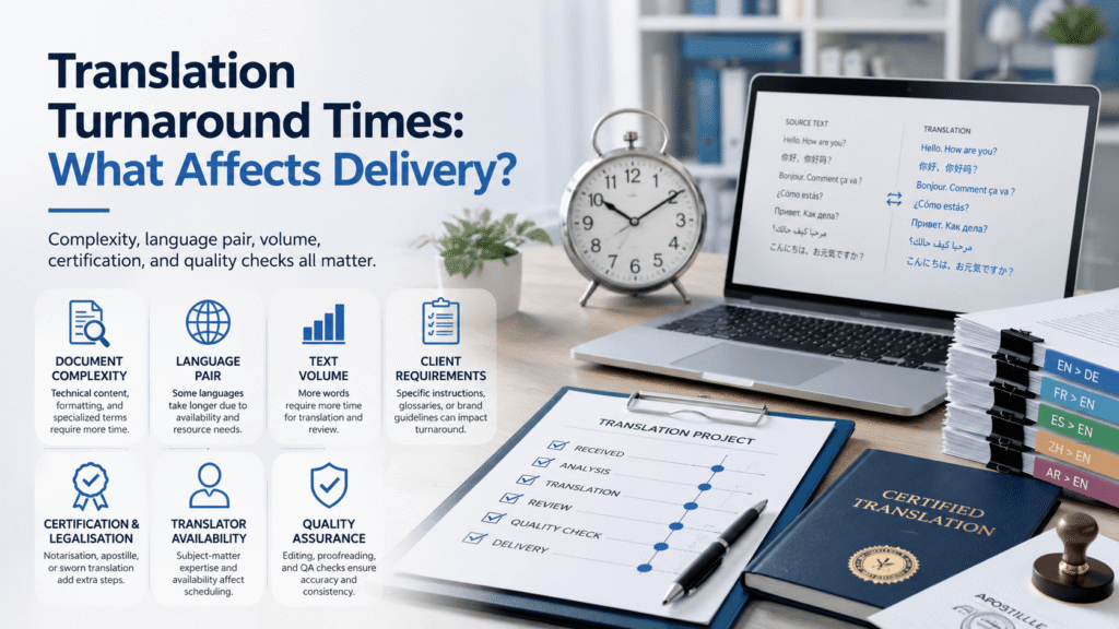 Translation turnaround timeline with multilingual documents, certification, quality checks, and delivery factors