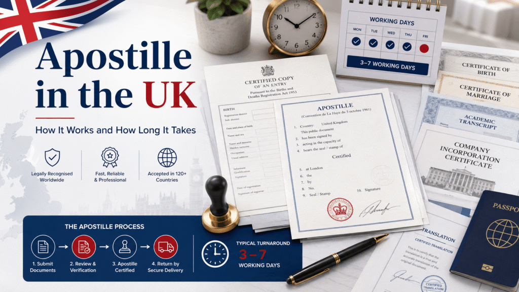 UK apostille certificate with official documents, notary stamp, calendar and processing timeline