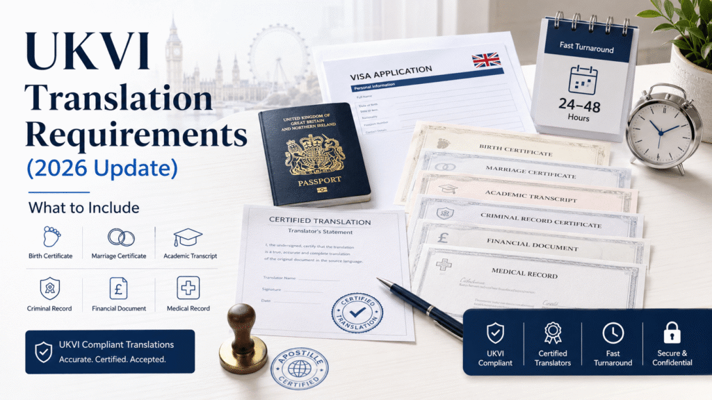 UKVI translation requirements with passport, certified documents, visa forms and compliance checklist